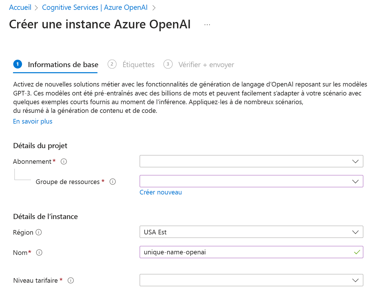 Capture d’écran de la page du Portail Azure pour créer une ressource Azure OpenAI Service.