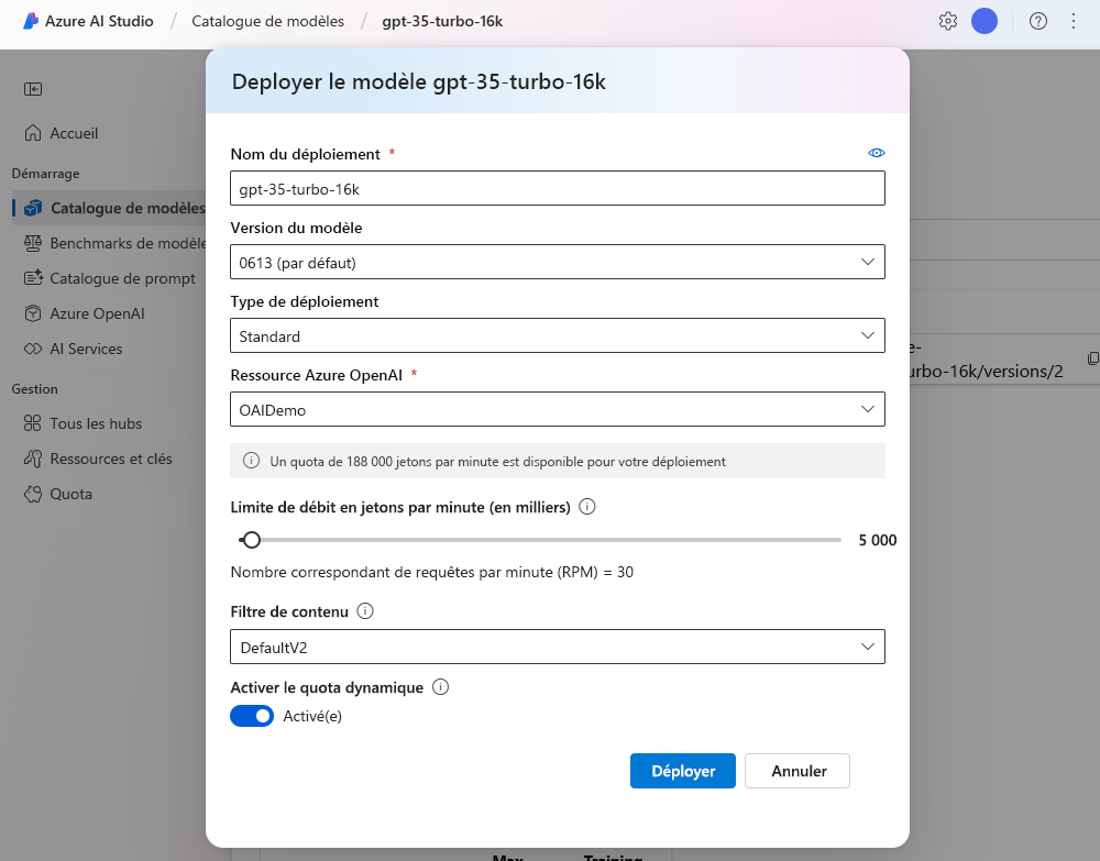 Capture d’écran de l’Assistant Modèle de déploiement du portail Azure AI Studio.