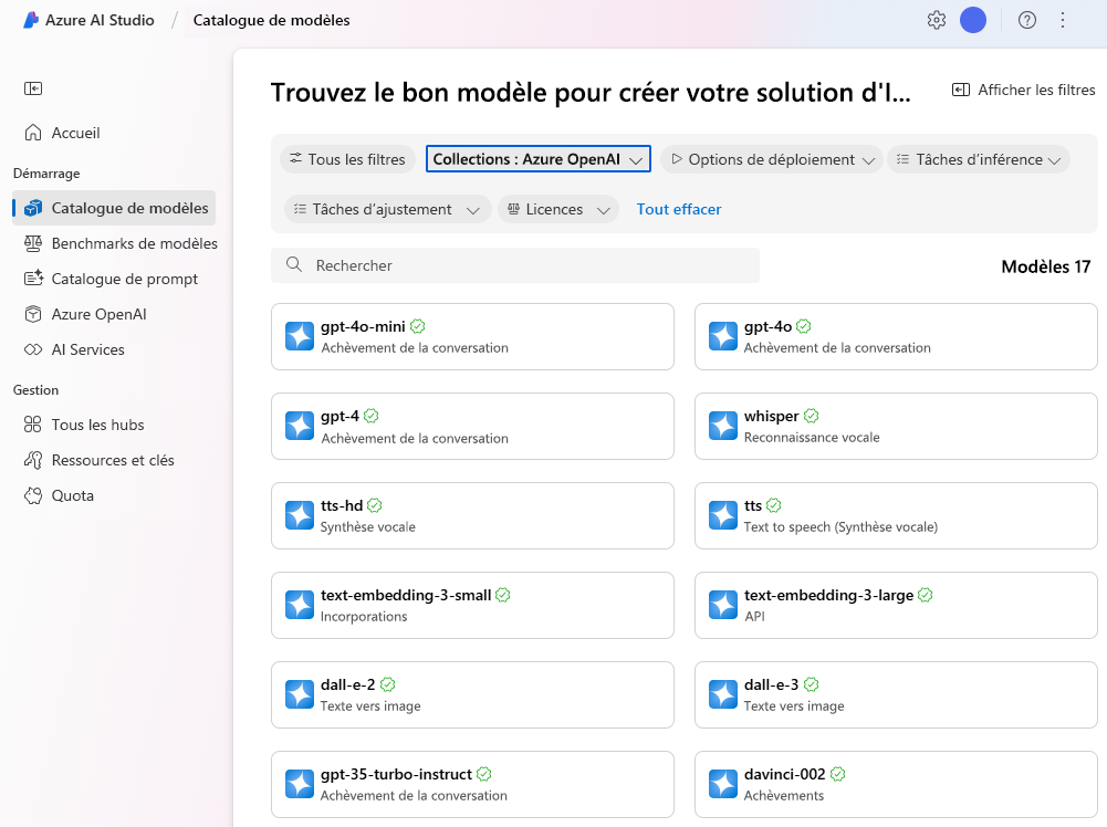 Capture d’écran des modèles d’IA générative prêts à l’emploi du portail Azure AI Studio.