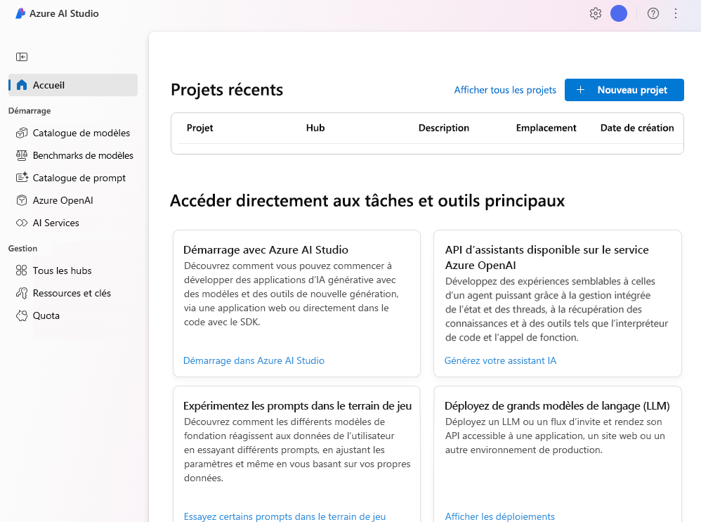 Capture d’écran du portail Azure AI Studio qui peut être utilisé pour accéder à plusieurs fonctionnalités.