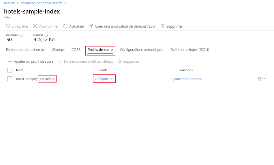 Capture d’écran du volet des profils de scoring du portail Azure.