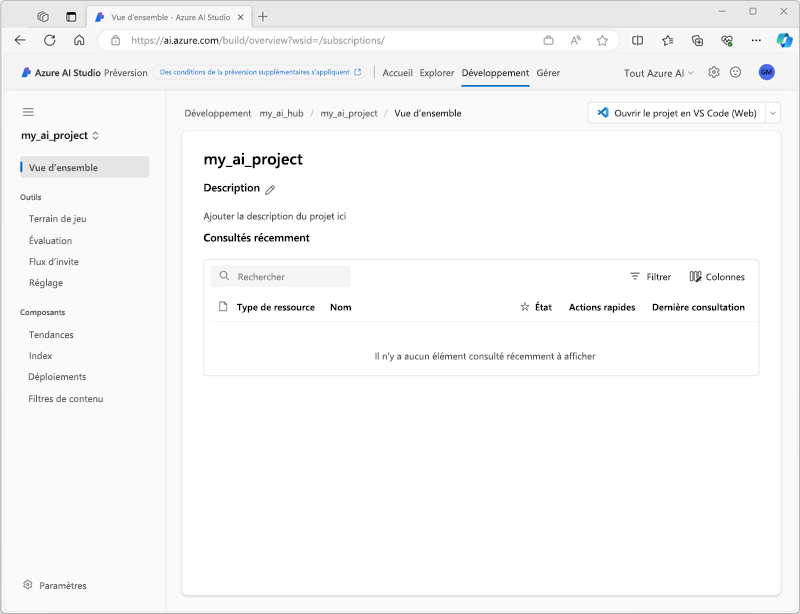 Capture d’écran d’un projet dans Azure AI Studio.