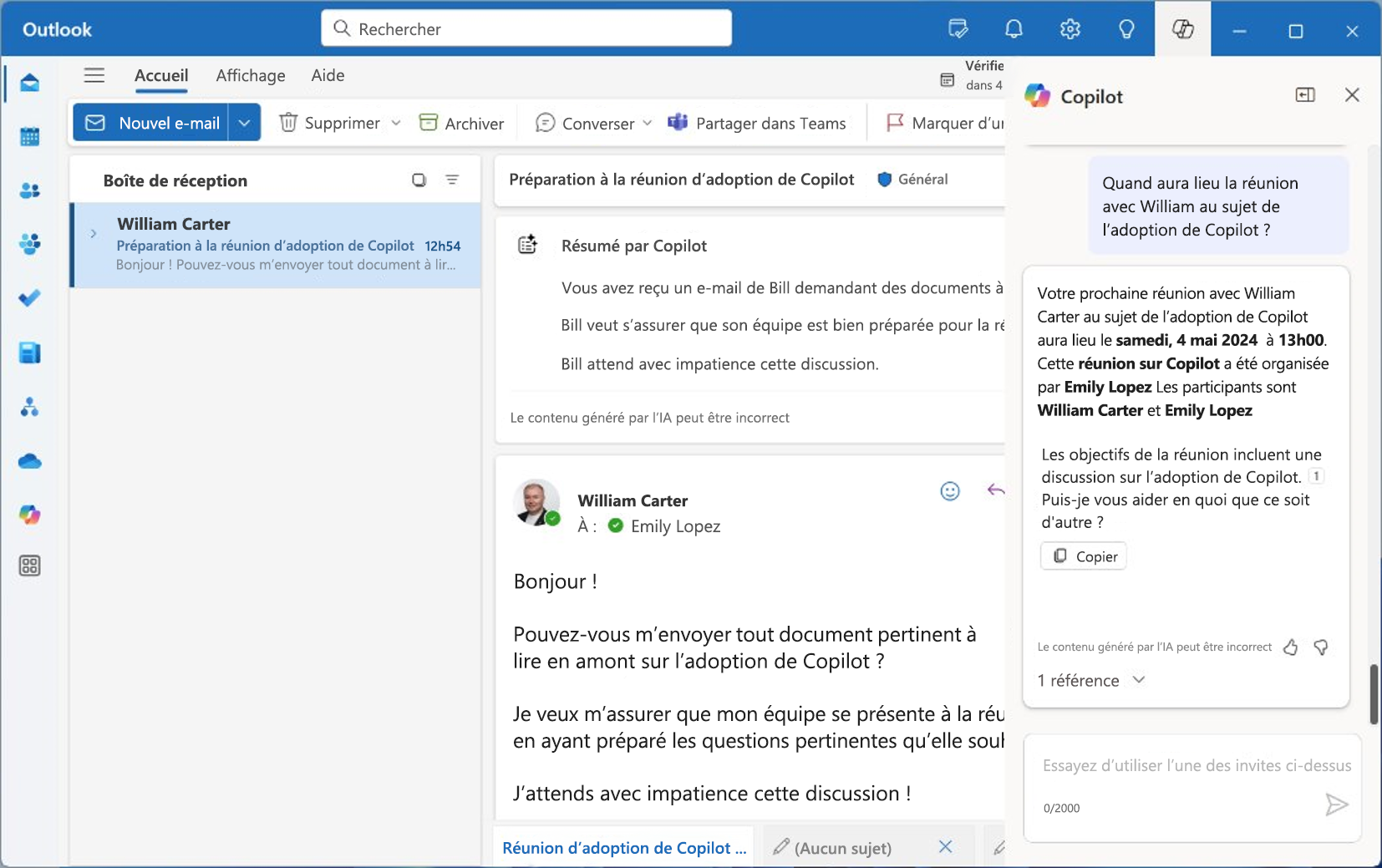 Capture d’écran de Microsoft 365 Copilot dans Outlook.