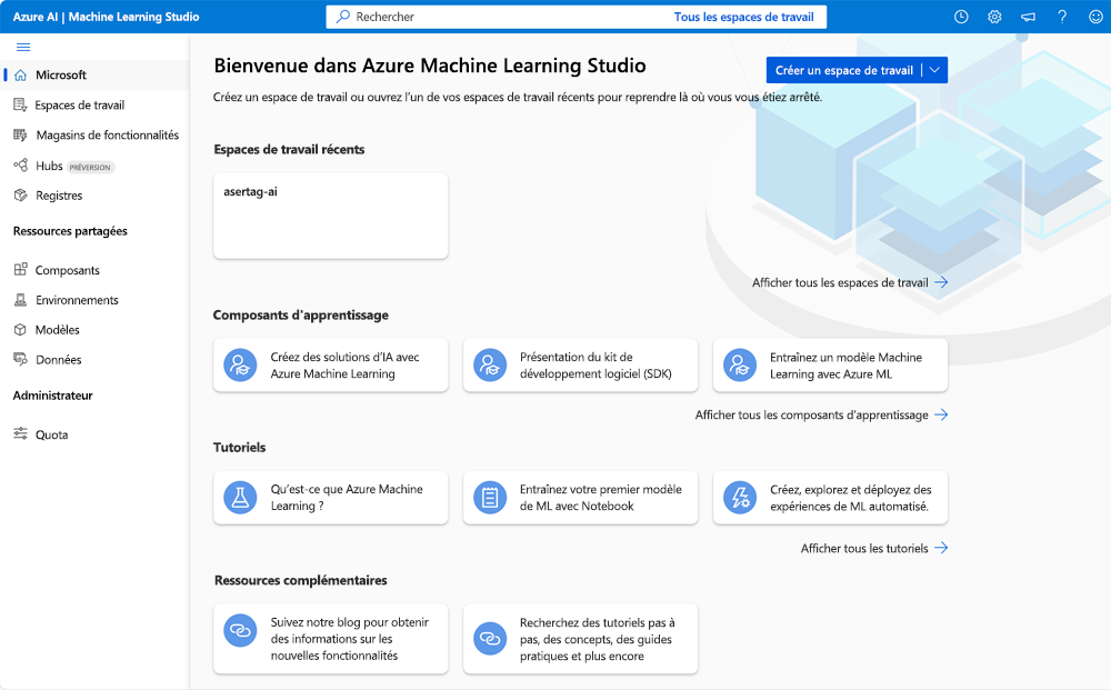 Capture d’écran de la page d’accueil d’Azure Machine Learning Studio.