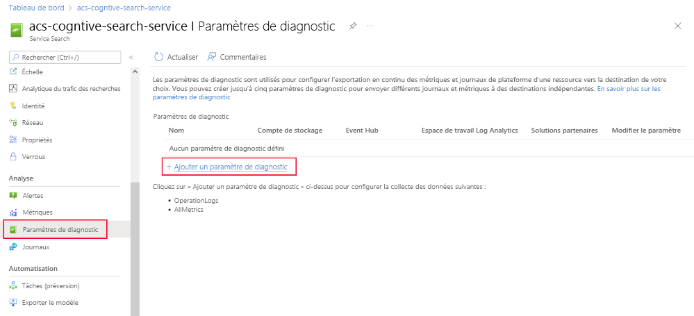 Screenshot showing how to add diagnostics to an Azure AI Search service.