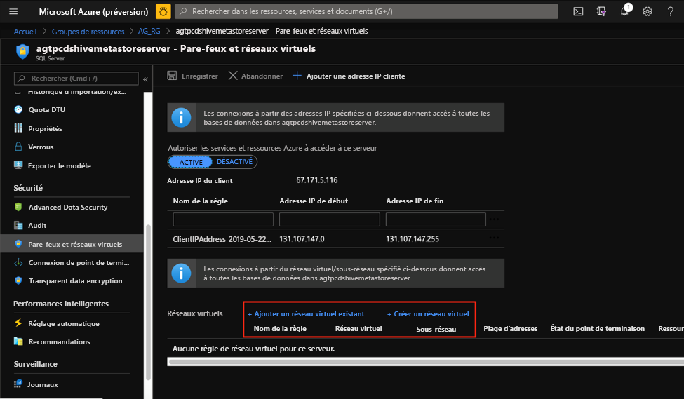 Configurations des réseaux virtuels SQL Database