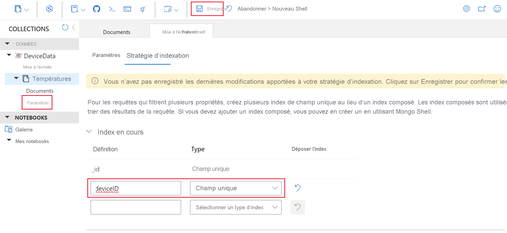 Screenshot showing adding a Cosmos DB indexing policy.