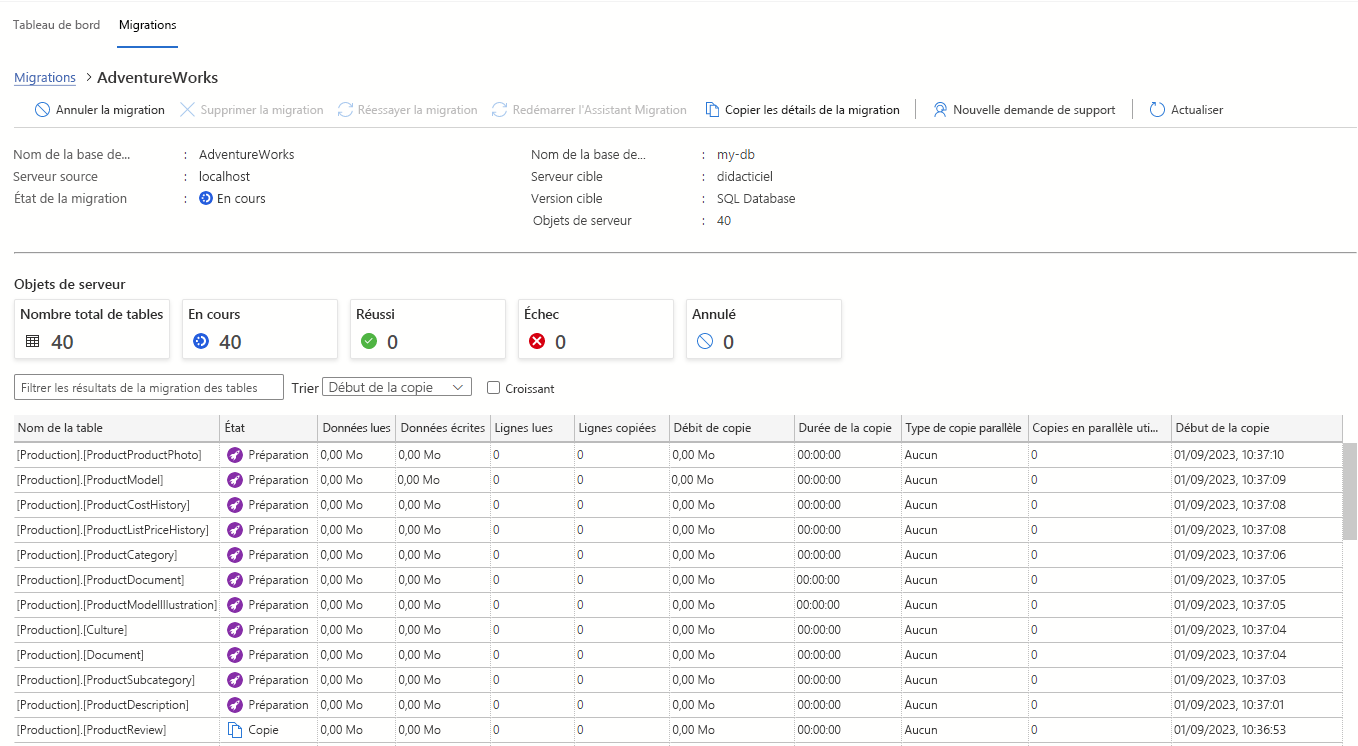 Capture d’écran des détails de la migration dans l’extension de migration Azure pour Azure Data Studio.