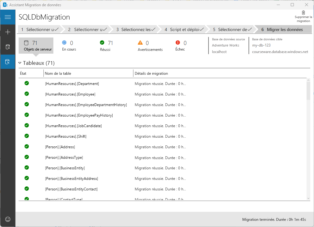 Capture d’écran montrant les résultats de la migration dans l’Assistant Migration de données.