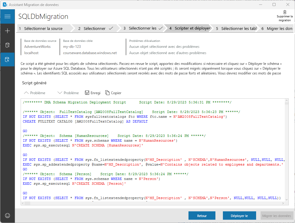 Capture d’écran montrant le script généré dans l’Assistant Migration de données.