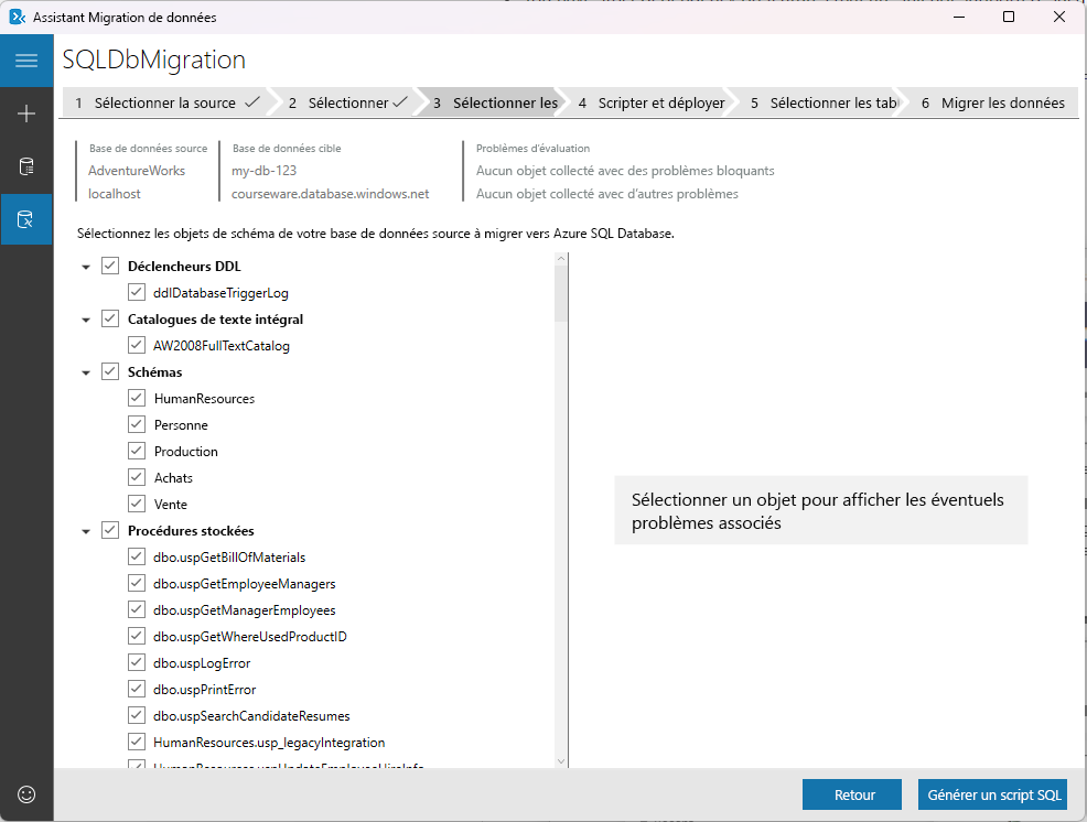 Capture d’écran montrant l’onglet Sélectionner des objets dans l’Assistant Migration de données.