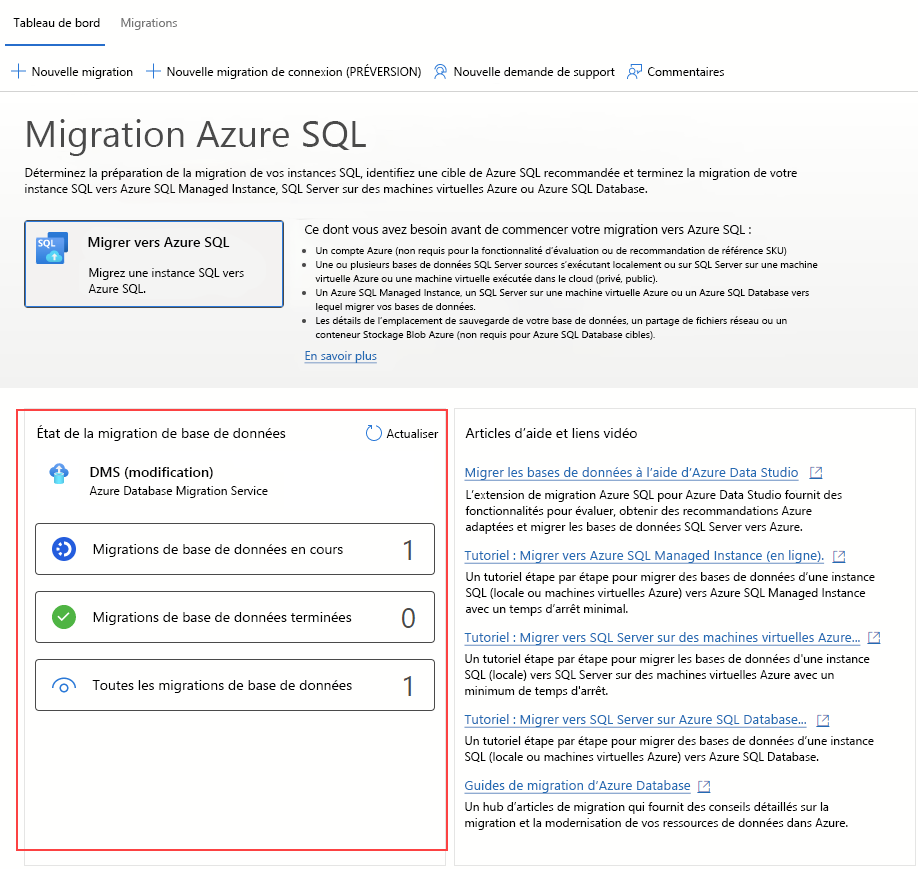 Capture d’écran du tableau de bord de la migration dans l’extension de migration Azure pour Azure Data Studio.