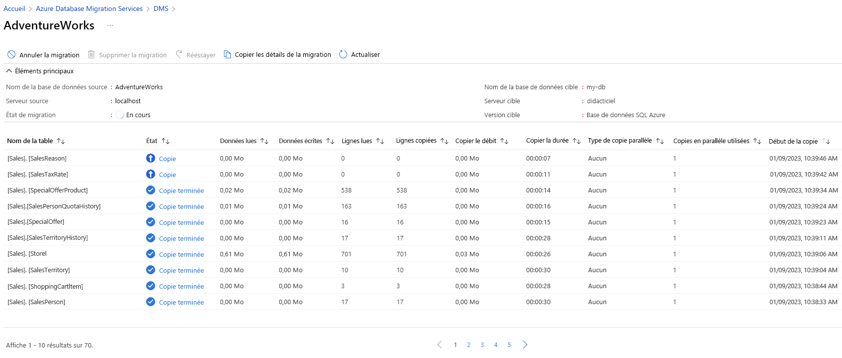 Capture d’écran de la page de surveillance dans Azure Database Migration Services du portail Azure.