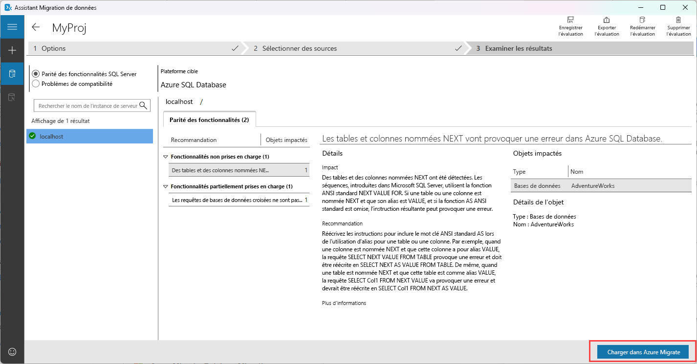 Capture d’écran montrant comment charger une évaluation de l’Assistant Migration de données vers Azure Migrate.