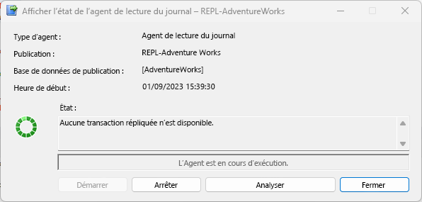 Capture d’écran montrant l’état de l’agent de lecture du journal dans une réplication transactionnelle.