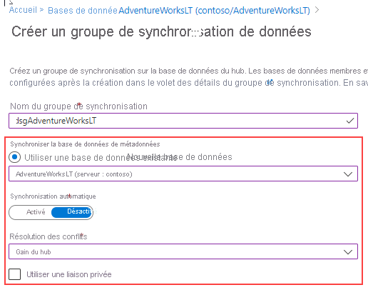 Capture d’écran de la page Nouveau groupe de synchronisation dans le portail Azure.