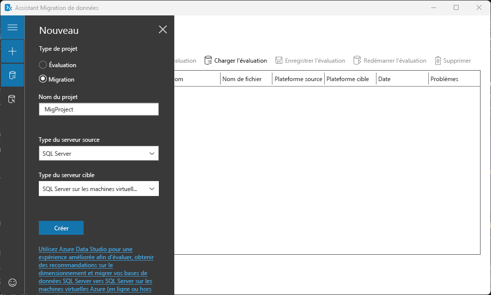 Capture d’écran de l’outil Assistant Migration de données et des options d’un nouveau projet de migration.