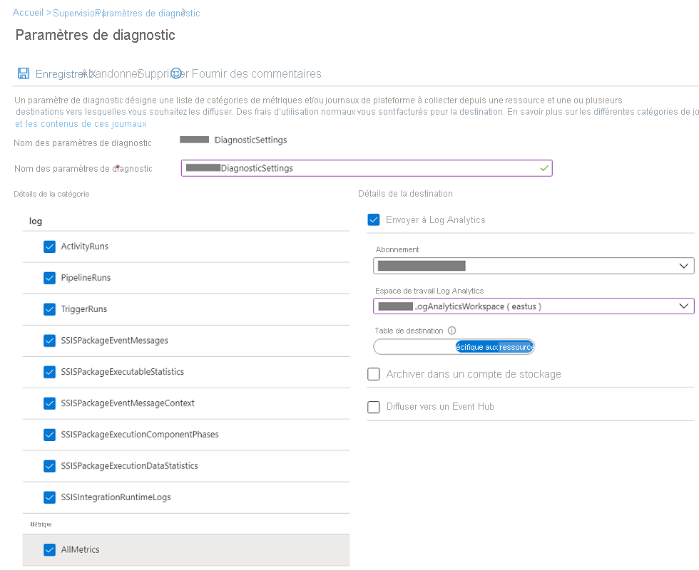 Name your settings and select a log-analytics workspace