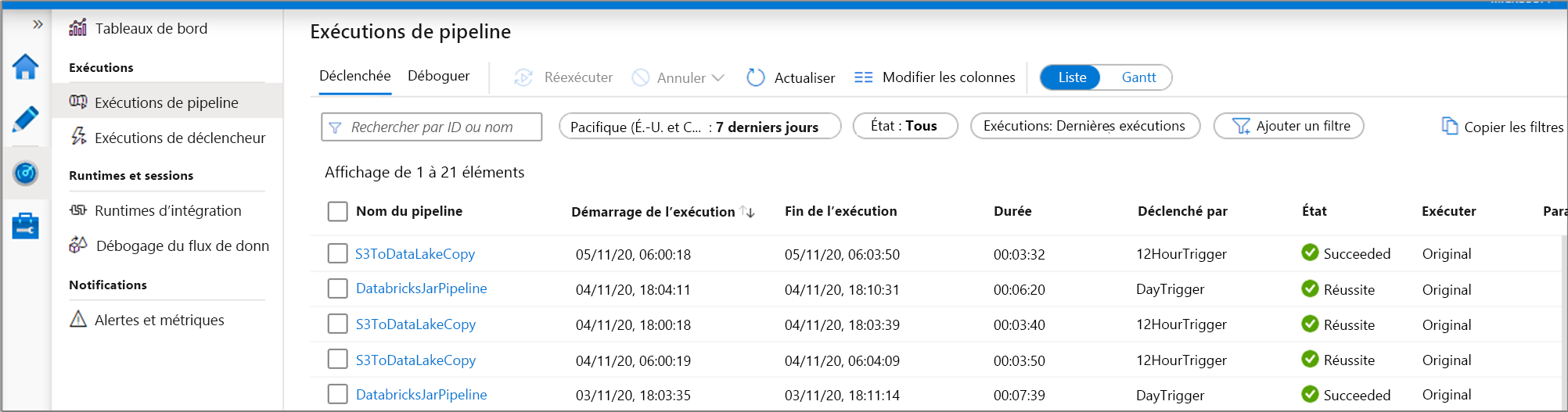 List view for monitoring pipeline runs