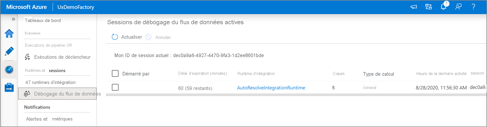 View data flow debug sessions