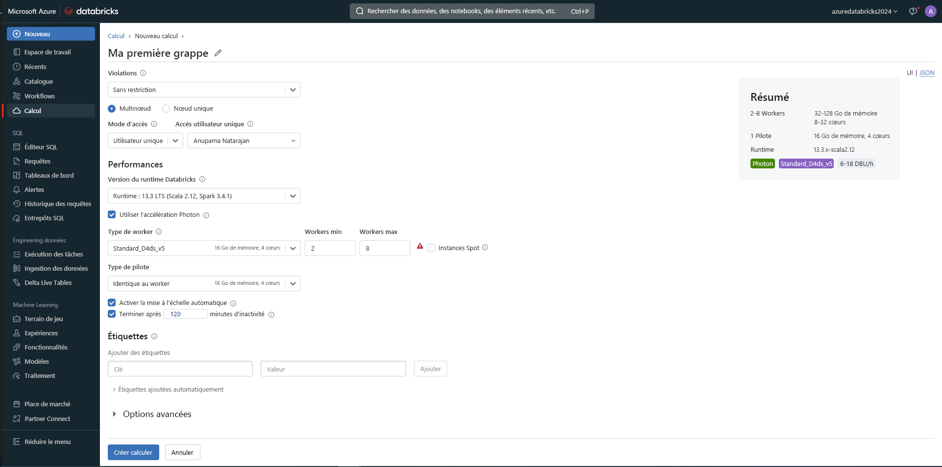 Capture d’écran d’un cluster Azure Databricks.