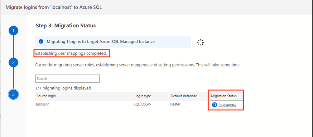 Capture d’écran montrant l’état de migration des comptes de connexion dans Azure Data Studio.