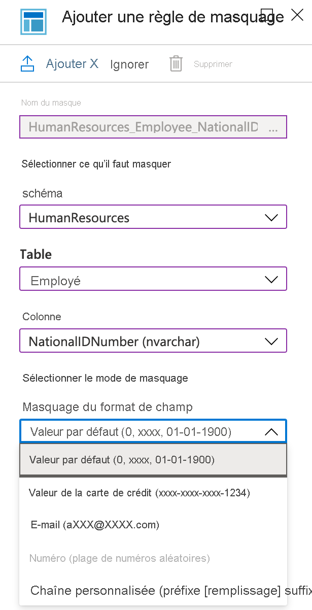 Screenshot of how to add masking rule in Azure portal.