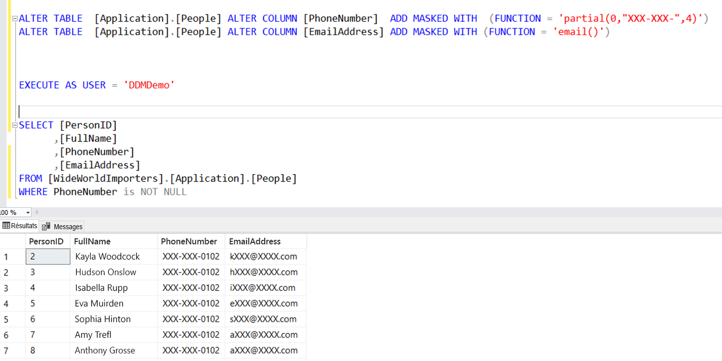 Screenshot of the dynamic data masking T-SQL commands.