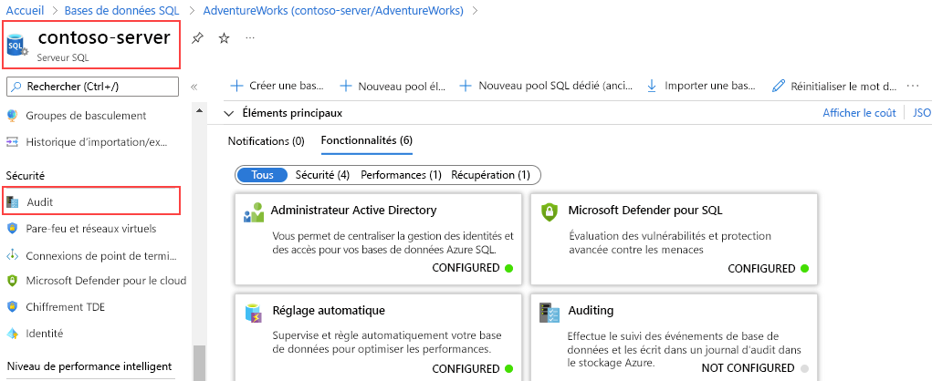 Screenshot of auditing option in the Security section of a SQL server.