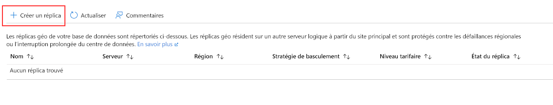 Capture d’écran de la page de réplica pour Azure SQL Database.