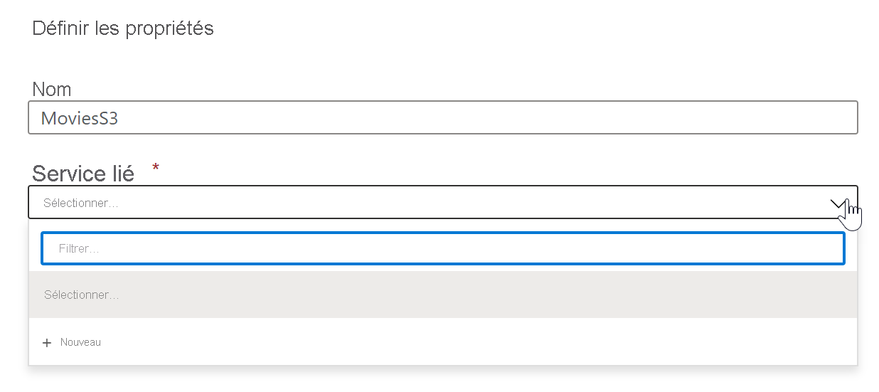 Screenshot that shows the Set Properties window, with filter highlighted under Linked service.