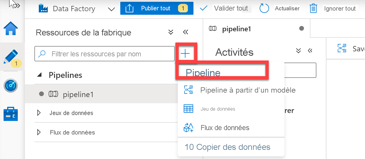 Screenshot that shows Factory Resources under the Data Factory tab. The plus symbol is selected, exposing Pipeline, both are highlighted.