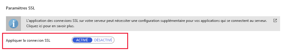 Image highlighting the Enforce SSL connection setting on the Connection security page for Azure Database for MySQL or PostgreSQL