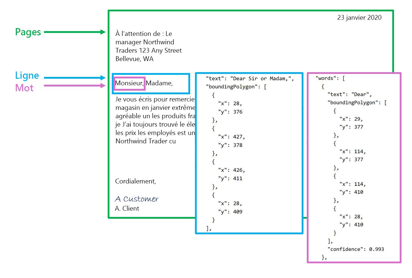 A screenshot showing bounding boxes around the page, line, and word of a letter.