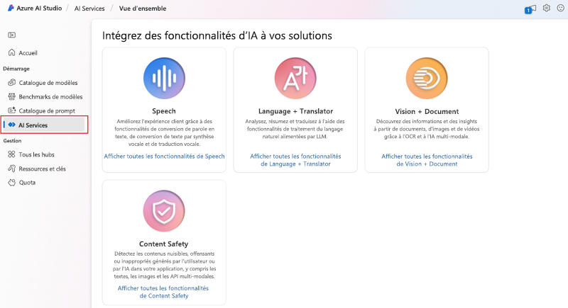 Capture d’écran de la page d’accueil de Microsoft Azure AI Studio.