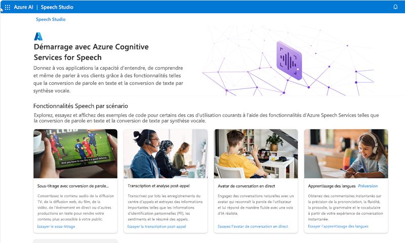 Capture d’écran de la page d’accueil de Microsoft Speech Studio.