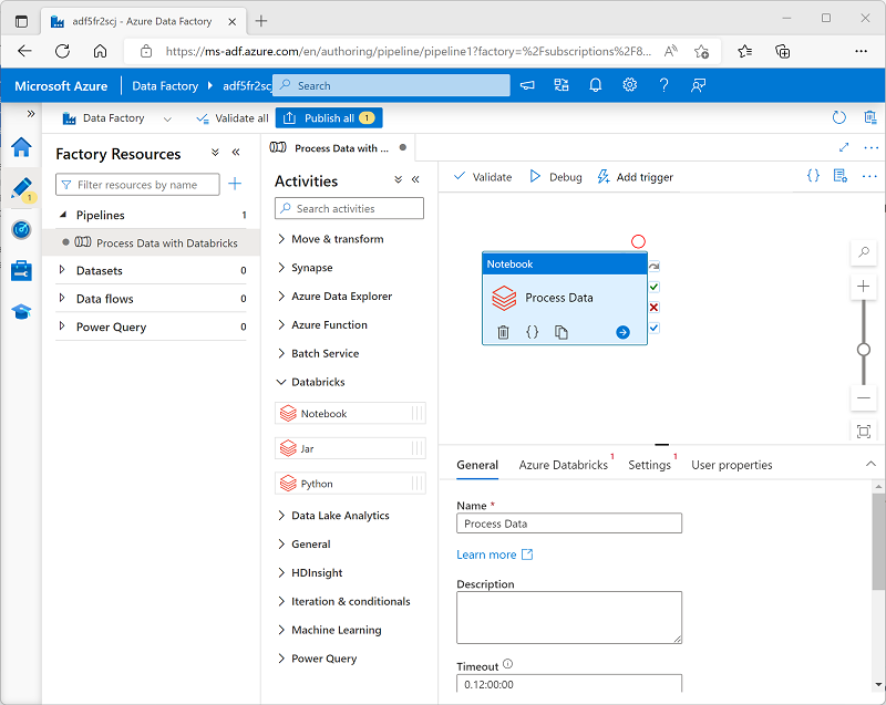 Screenshot of a pipeline with a Notebook activity.