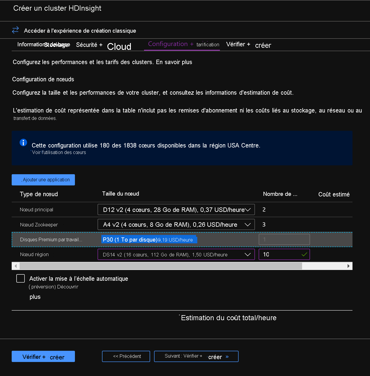 Configuration des nœuds dans l’écran créer un cluster HDInsight.