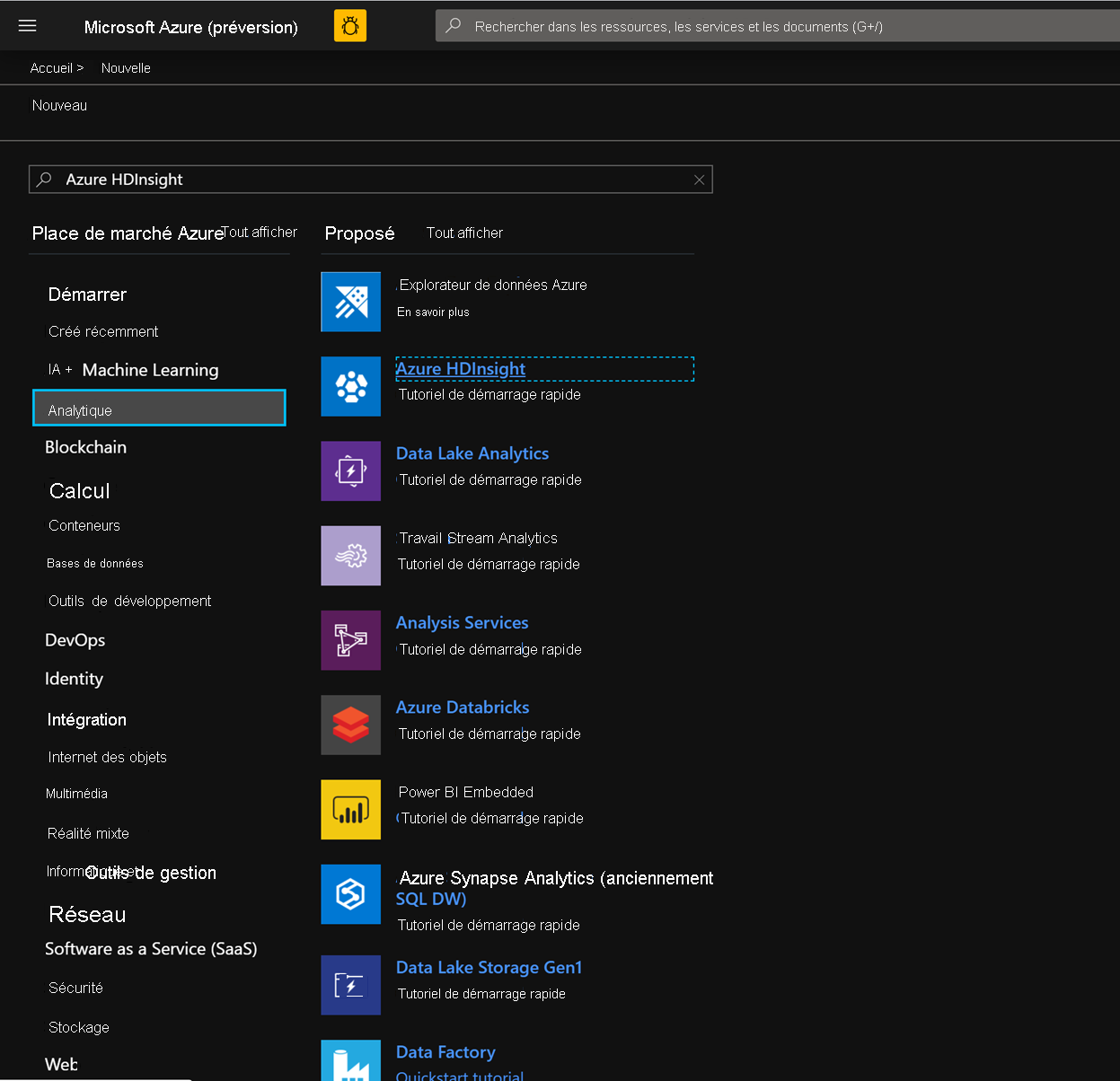 Screenshot shows Azure H D insight highlighted in Analytics in the Azure Marketplace.