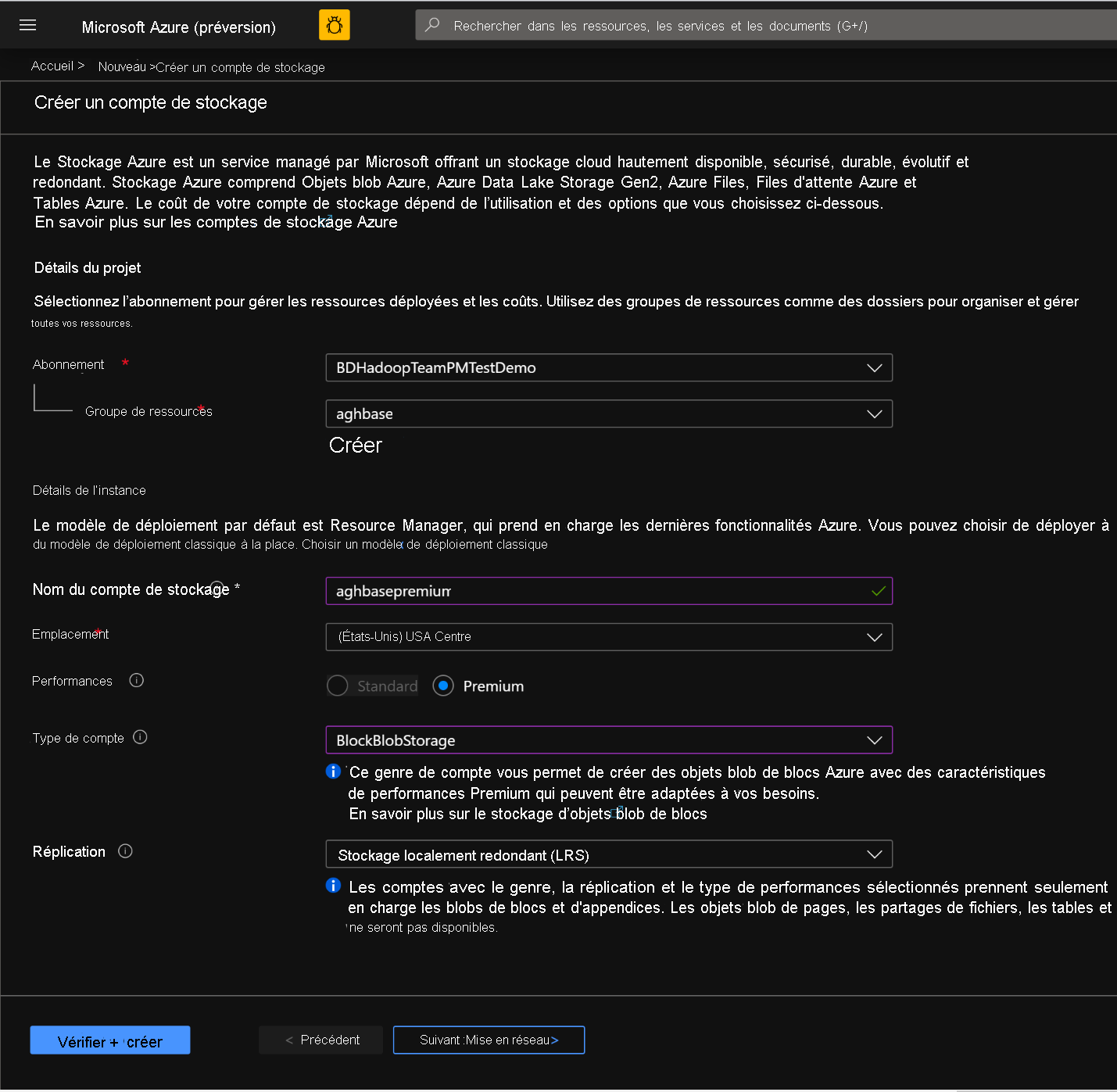 Create storage account screen in the Azure Portal.