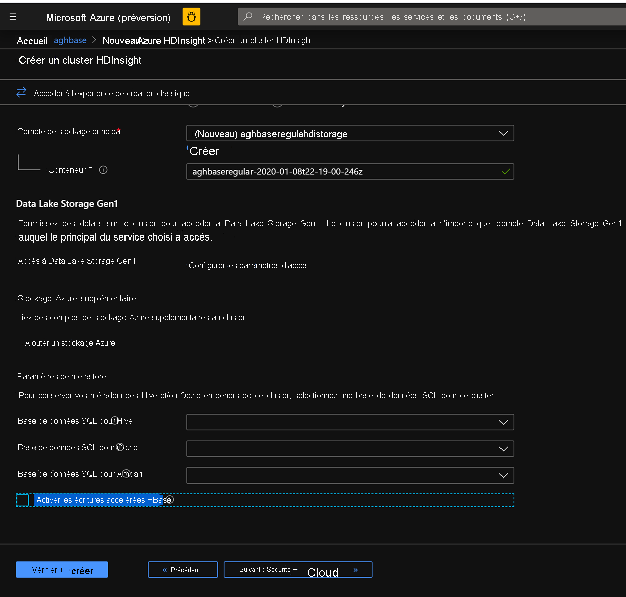 Screenshot shows Enable Accelerated Writes checkbox unchecked, in the Create H D Insight cluster page.