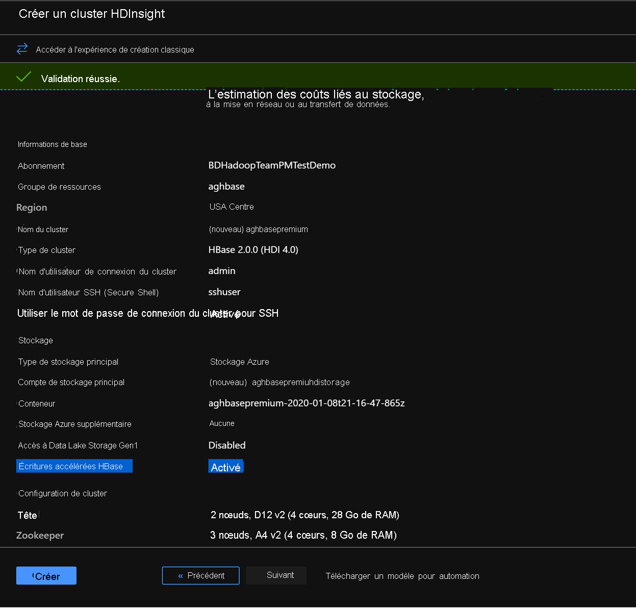 Azure HDInsight validation in the Azure Portal.