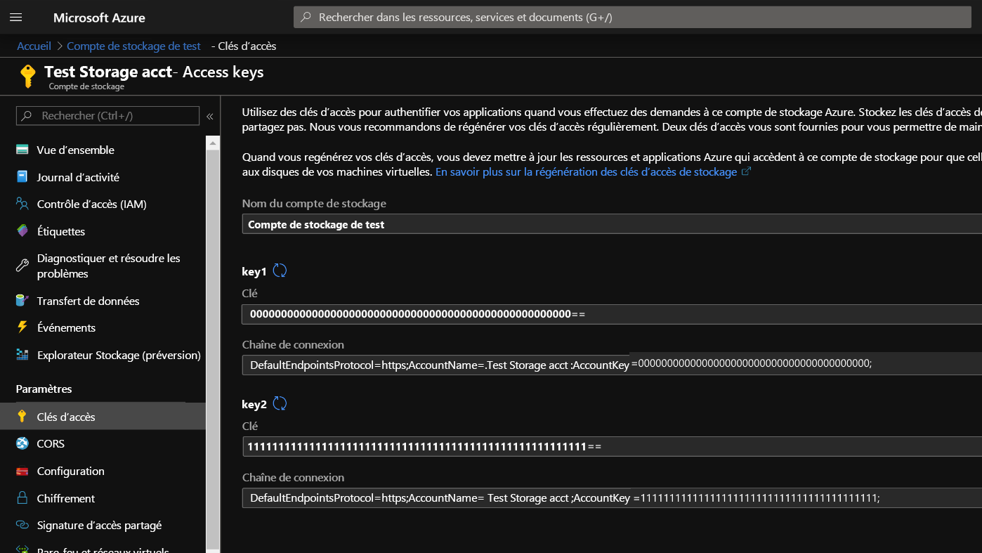 Storage account Access Keys in the Azure Portal.