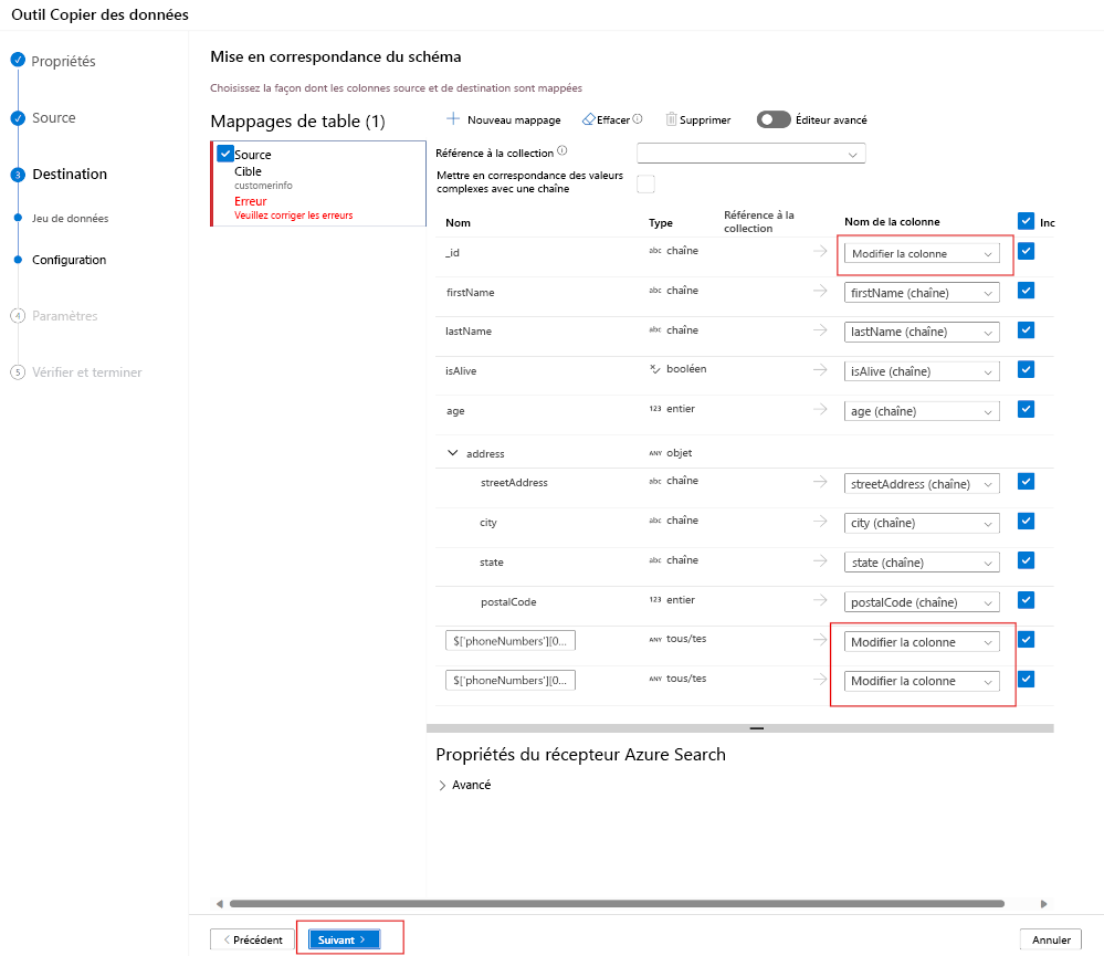 A screenshot of the schema mapping pane.