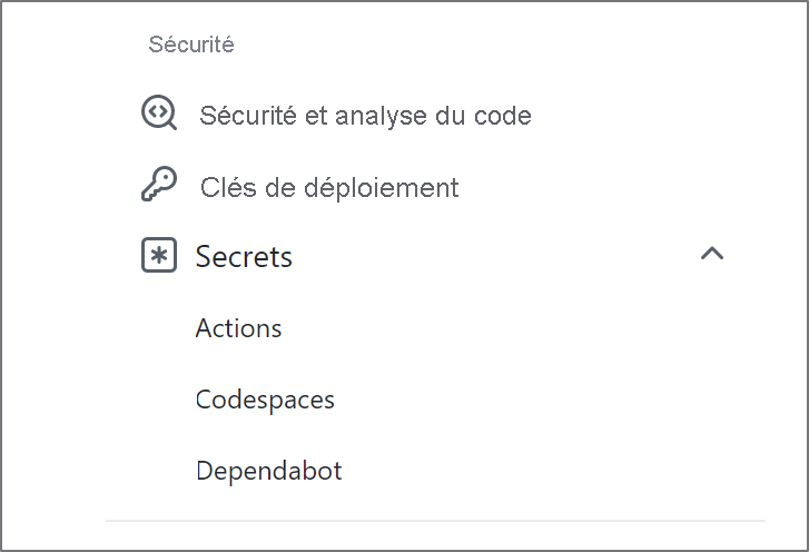 Capture d’écran de l’option Secrets dans la section Sécurité.