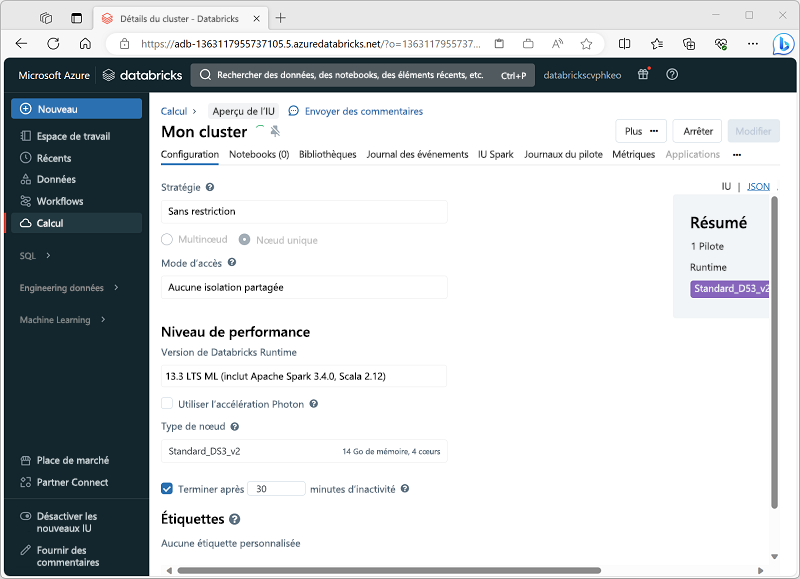 Screenshot of the Create Cluster interface in the Azure Databricks portal.