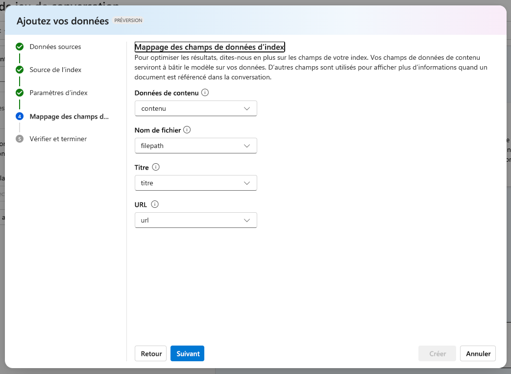 Capture d’écran de la correspondance des champs d’index Azure AI Studio.