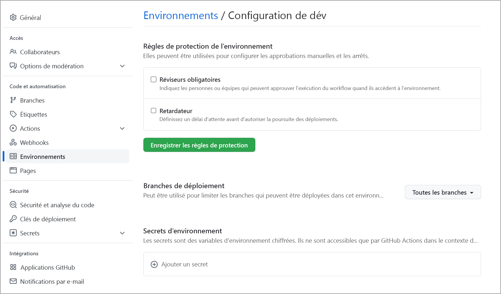 Capture d’écran de la configuration d’un environnement dans GitHub.