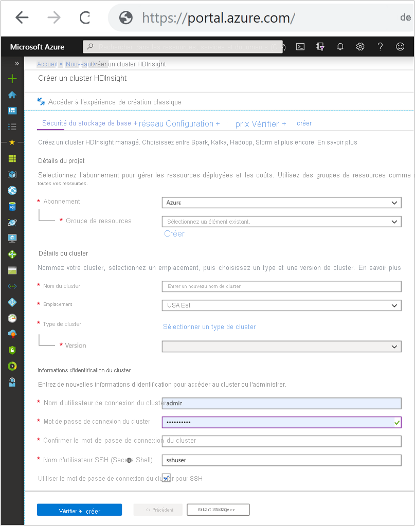 Capture d’écran de l’onglet De base de l’écran de création d’un cluster HDInsight dans le Portail Azure