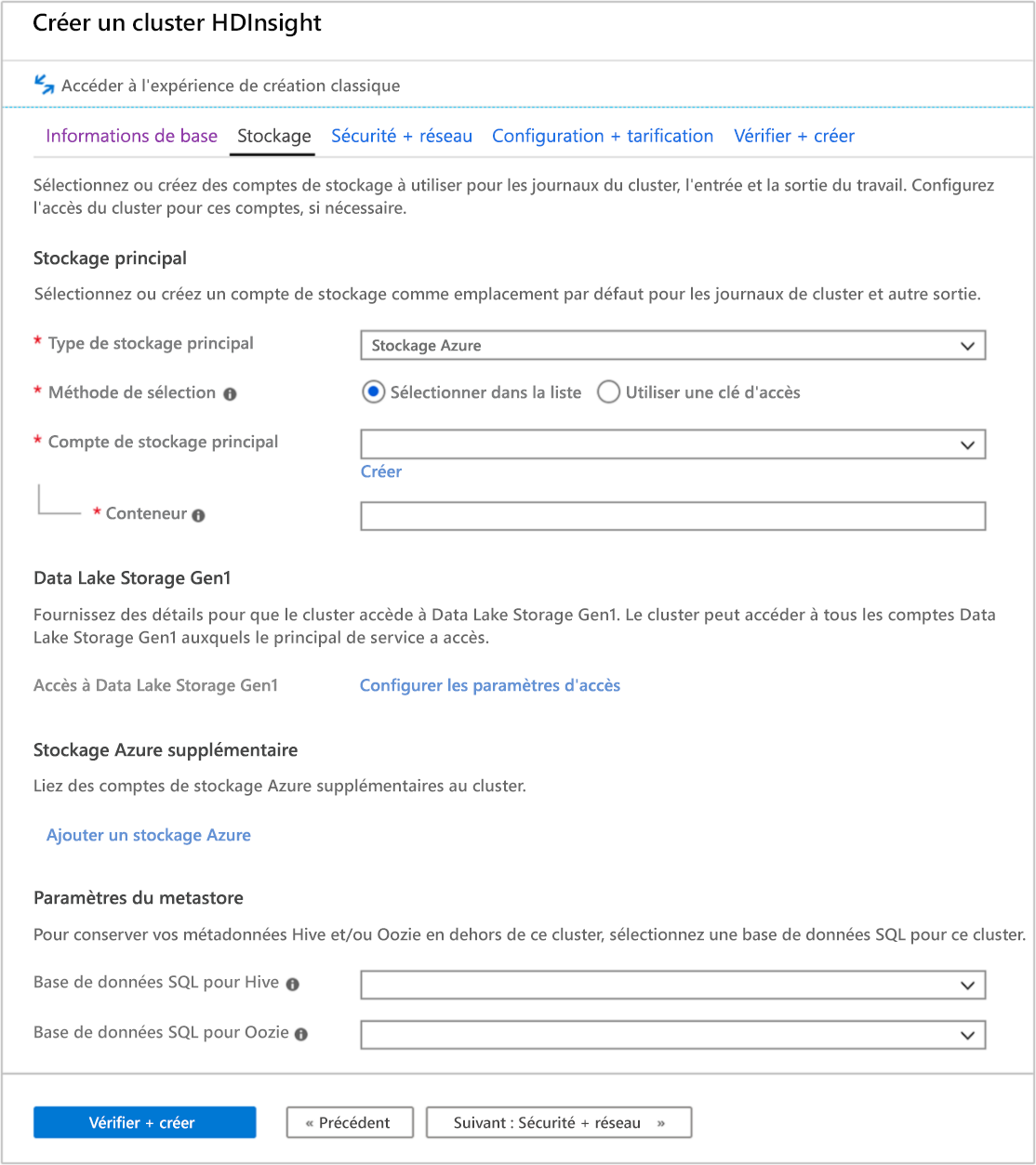 Capture d’écran de l’onglet Stockage de l’écran de création d’un cluster HDInsight dans le Portail Azure